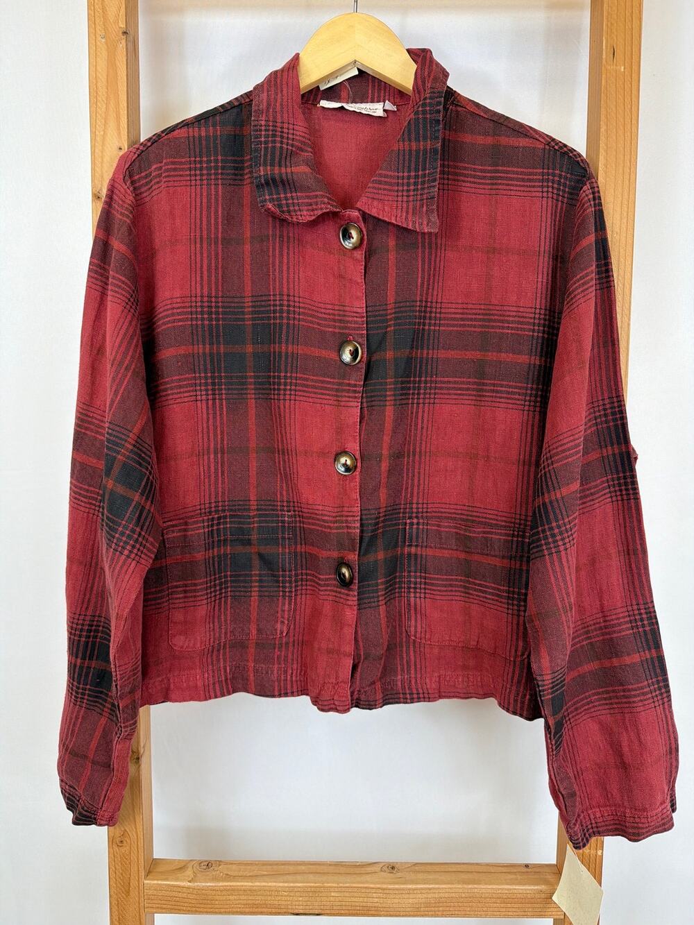 Vintage Norm Thompson Red and Black Plaid 100% Linen Long Sleeve Shirt USA XL